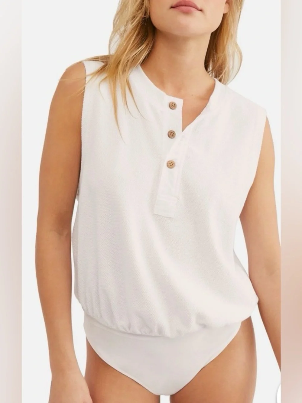 Free People Peek Aye Bodysuit White Buttons Sleeveless Cotton L NWT - Picture 2 of 7